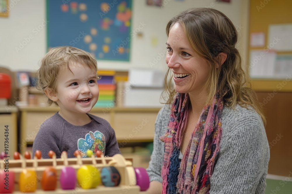 Naklejka premium Smiling Teacher and Happy Child Playing with Educational Toy in Classroom Setting