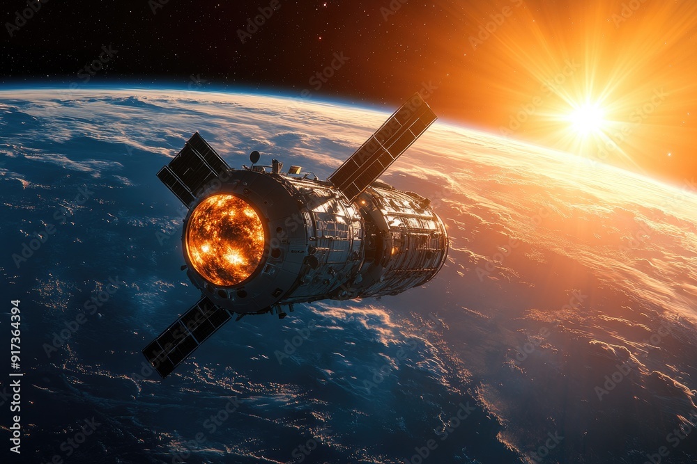 Fototapeta premium Space Satellite Orbiting Earth at Sunrise with a Spectacular View of the Sun and Clouds
