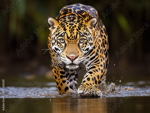 Obraz na płótnie Majestic Jaguar Stealthily Walking Through Water in Its Natural Habitat w salonie