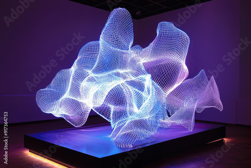 Captivating light sculpture: a mesmerizing play of illuminated mesh waves with radiant hues, creating a cosmic aura in a darkened room. photo