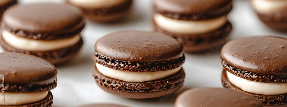 A close-up of chocolate macarons with white cream filling, placed on a light beige surface. The macarons have glossy and slightly smooth surfaces, showcasing their delicate texture A close-up of chocolate macarons with white cream filling, placed on a light beige surface. The macarons have glossy and slightly smooth surfaces, showcasing their delicate texture