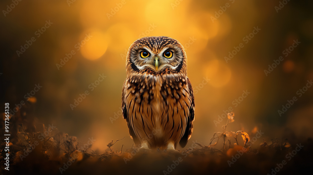 Wise Owl In Autumn Forest With Warm Background Lighting
