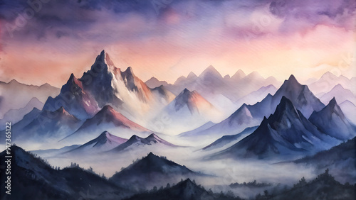 Watercolor mountain range at sunrise, misty valleys and purple sky, peaceful landscape