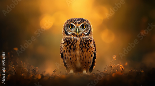 Obraz na płótnie Wise Owl In Autumn Forest With Warm Background Lighting w salonie