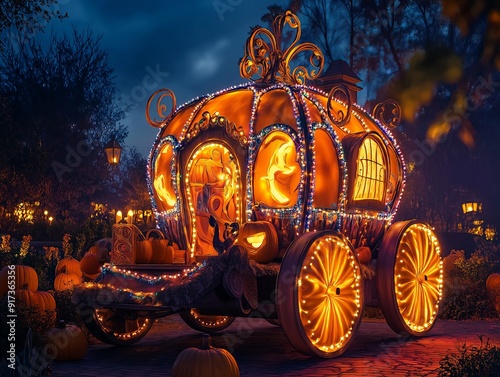 Glowing Pumpkin Carriage with Colorful Lights on a Halloween Night - Enchanted Transport Scene photo