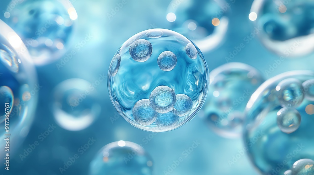 A close-up view of translucent blue bubbles with visible cells, set against a soft blue background, creating a microcosm effect A close-up view of translucent blue bubbles with visible cells, set against a soft blue background, creating a microcosm effect