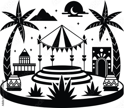 Simple relaxing zone, festival, Maya style black and white icon on white background