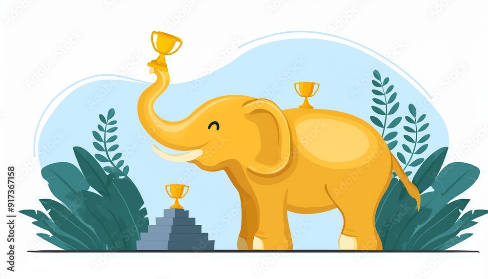 Naklejka premium Cartoon golden achievement, elephant figurine isolated on white background. Vector illustration.