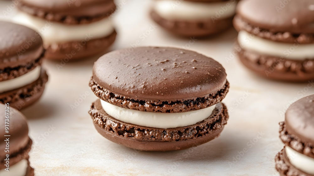 A close-up of chocolate macarons with white cream filling, placed on a light beige surface. The macarons have glossy and slightly smooth surfaces, showcasing their delicate texture A close-up of chocolate macarons with white cream filling, placed on a light beige surface. The macarons have glossy and slightly smooth surfaces, showcasing their delicate texture