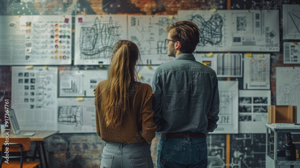 A couple stand side by side, gazing at a wall covered in drawings, sketches and plans. They are collaborating on a project, brainstorming ideas, and sharing their vision. A couple stand side by side, gazing at a wall covered in drawings, sketches and plans. They are collaborating on a project, brainstorming ideas, and sharing their vision.
