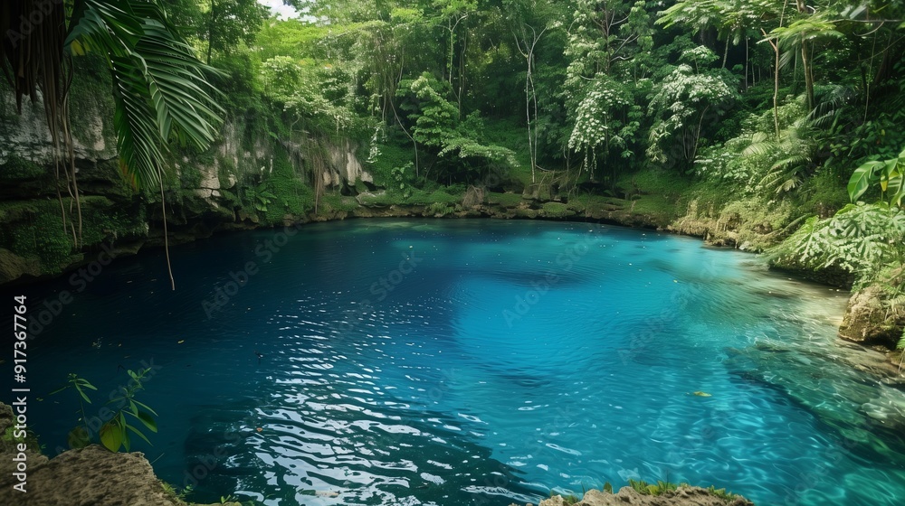 Tranquil Blue Hole in Jamaica with Deep Turquoise Water and Lush Green Surroundings Tranquil Blue Hole in Jamaica with Deep Turquoise Water and Lush Green Surroundings