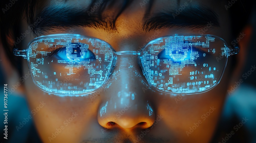 Man Wearing Transparent Glasses with Binary Code Design, Futuristic Digital Art Man Wearing Transparent Glasses with Binary Code Design, Futuristic Digital Art