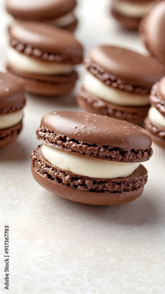 A close-up of chocolate macarons with white cream filling, placed on a light beige surface. The macarons have glossy and slightly smooth surfaces, showcasing their delicate texture A close-up of chocolate macarons with white cream filling, placed on a light beige surface. The macarons have glossy and slightly smooth surfaces, showcasing their delicate texture