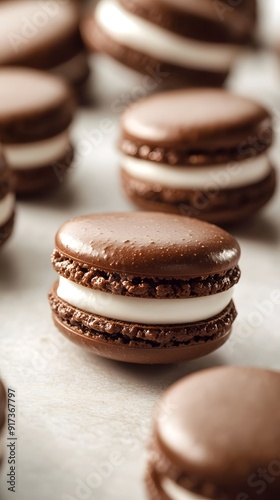 A close-up of chocolate macarons with white cream filling, placed on a light beige surface. The macarons have glossy and slightly smooth surfaces, showcasing their delicate texture