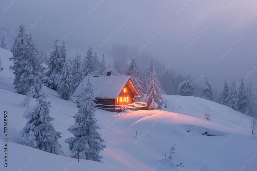 A cozy cabin nestled in a snowy forest, illuminated by warm lights. The scene evokes a sense of peace and tranquility. A cozy cabin nestled in a snowy forest, illuminated by warm lights. The scene evokes a sense of peace and tranquility.