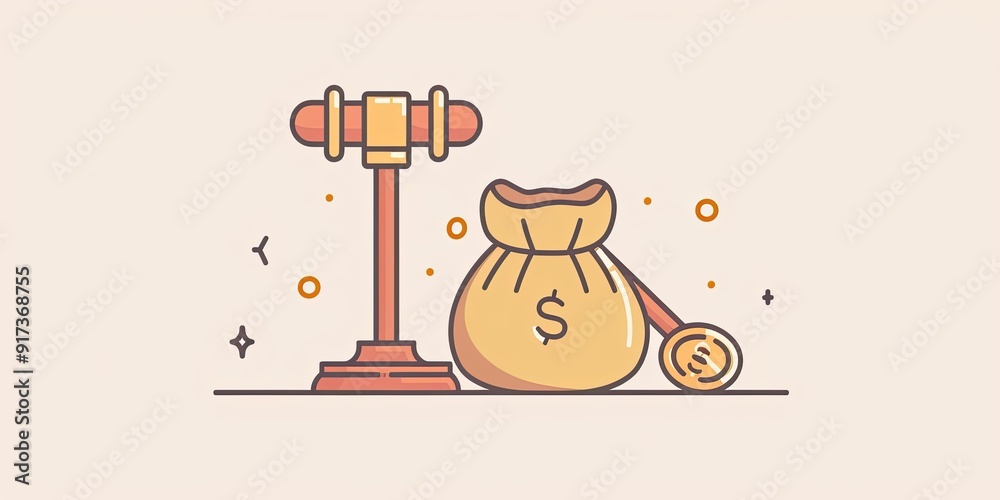 Fototapeta premium Gavel, money bag, and coin.