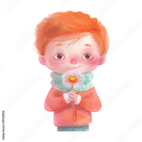 kid holding dandilion white background 