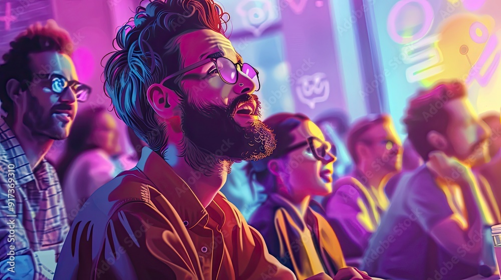 A crowd of people with vibrant neon lights in the background, watching a performance. A crowd of people with vibrant neon lights in the background, watching a performance.