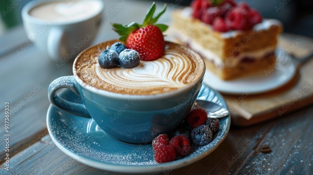 A cup of coffee with latte art, topped with berries, sits on a wooden table next to a slice of cake. A cup of coffee with latte art, topped with berries, sits on a wooden table next to a slice of cake.