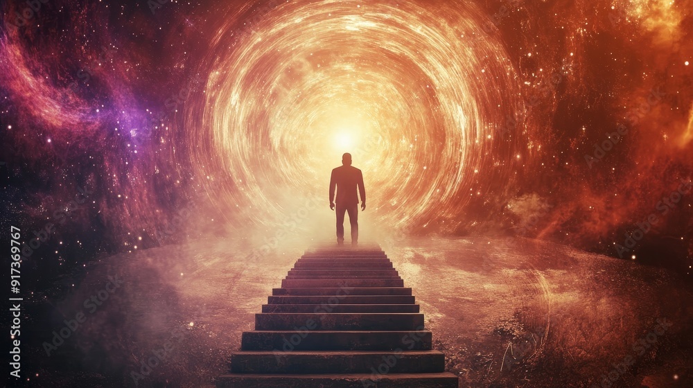 Silhouette of man walking towards light portal in cosmic scenery Silhouette of man walking towards light portal in cosmic scenery