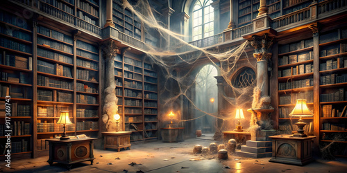 an abandoned Victorian library with cobweb covered