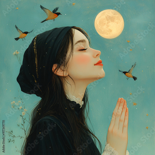 Beautiful vintage young woman dressed in black clothes and with closed eyes praying. Blue sky with a moon background. Spiritual or religious concept. Banner with copy space.