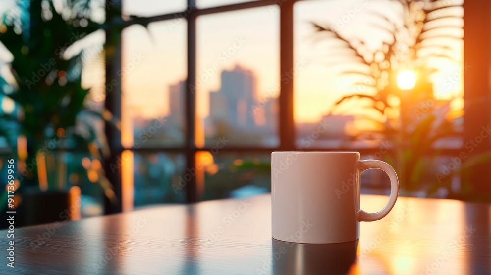 Office with large windows to nature and sunset. On the desk a white mug, next to a plant, modern style. Office with large windows to nature and sunset. On the desk a white mug, next to a plant, modern style.