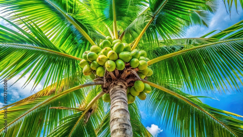 Fototapeta premium Bottom view of a beautiful green coconut palm tree fruiting in winter, with copy space, coconut palm, tree, bottom view