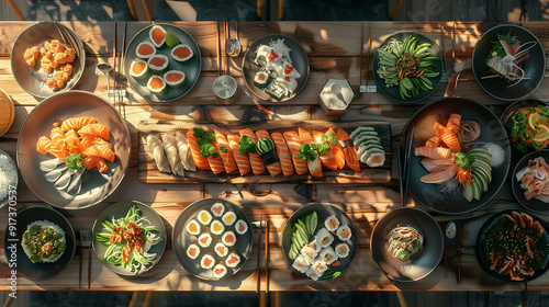 Japanese restaurant dinner table spread in top-down view, array of beautifully plated sushi, sashimi, tempura, surrounded, fresh salads, traditional Japanese food