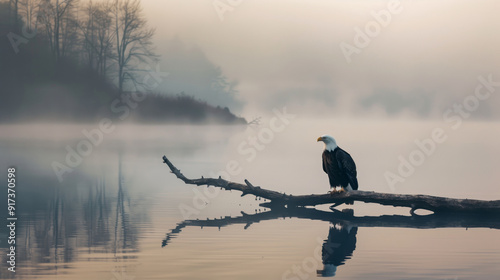 Bald eagle perched on a branch over a calm misty lake at dawn. photo