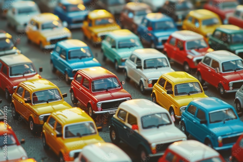 Naklejka premium A set of toy cars and trucks lined up in a playful, imaginary traffic jam