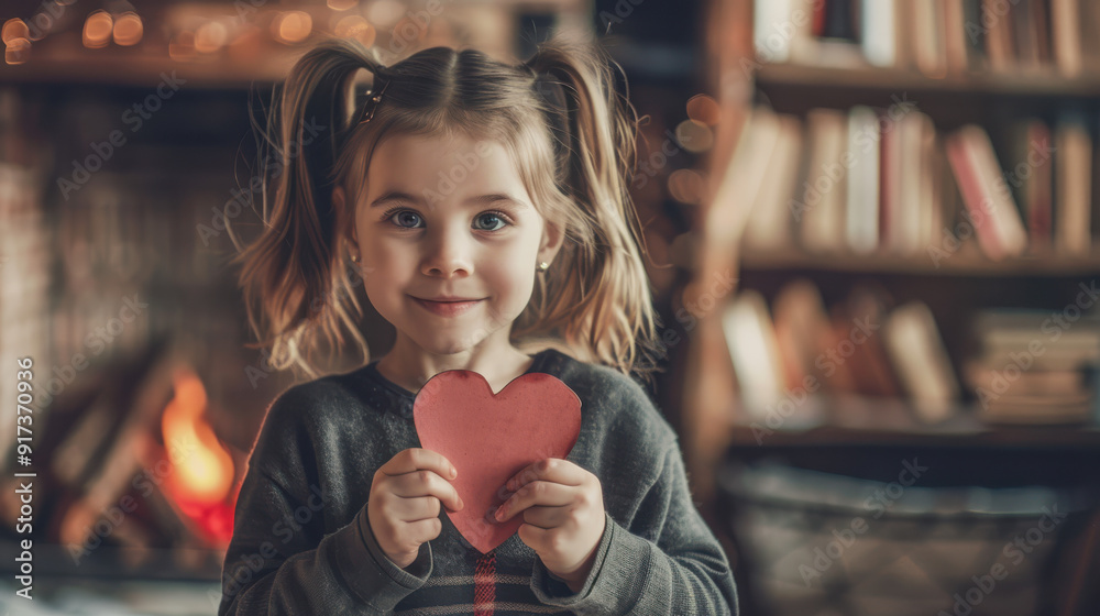 A photograph of a happy girl with pigtails holding a heart-shaped card, vintage feel, cozy indoor setting A photograph of a happy girl with pigtails holding a heart-shaped card, vintage feel, cozy indoor setting