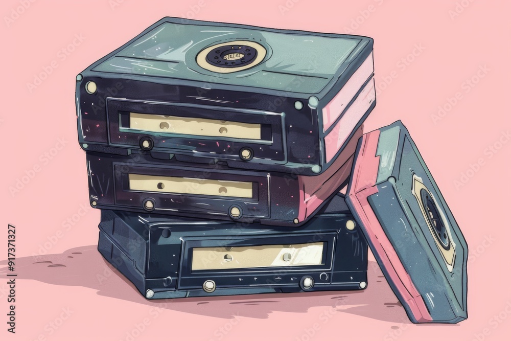 Obraz premium A stack of cassette tapes, filled with beloved children's songs. Illustration --ar 3:2 --style raw Job ID: 1fa03d51-6839-416e-8e06-b6422caebd43