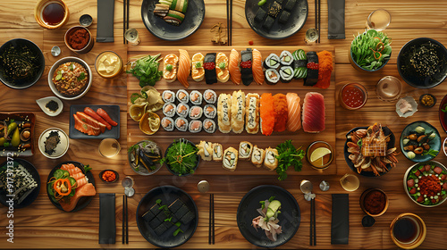 Japanese restaurant dinner table spread in top-down view, array of beautifully plated sushi, sashimi, tempura, surrounded, fresh salads, traditional Japanese food