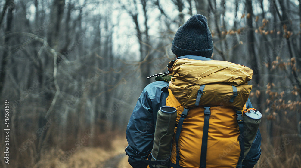A man wearing a black hat and a yellow backpack is walking through a forest A man wearing a black hat and a yellow backpack is walking through a forest