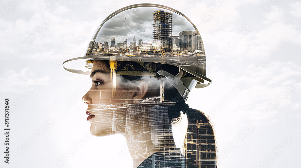 A woman wearing a hard hat is shown in a cityscape A woman wearing a hard hat is shown in a cityscape