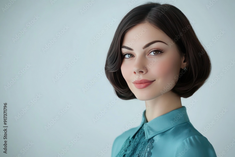 Portrait of beautiful well-groomed young woman with a bob haircut in cyan blouse Portrait of beautiful well-groomed young woman with a bob haircut in cyan blouse