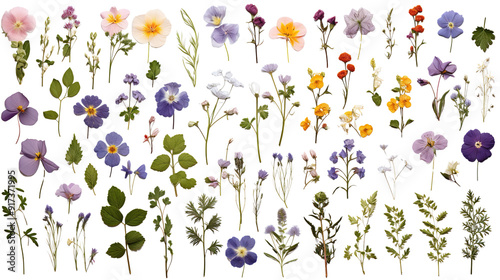 Set/Collection Of Pressed Flowers Isolated Over a PNG Transparent and White Background