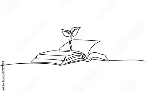Opened book with sprout plant in one continuous line drawing . Education study and knowledge concept in simple linear style. Growing wisdom in editable stroke. Doodle contour pro vector illustration.