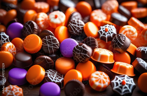 Candies orange, brown and purple with spider web decor for the Halloween holiday. Halloween candy background.