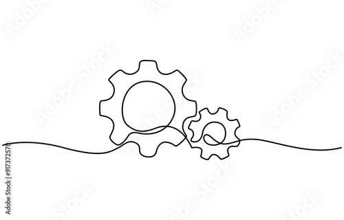 Single line drawing with one gear. One continuous line illustration of gear wheel, gears cogwheel continuous one line drawing.  One line drawing white background. Vector illustration. Single line gear
