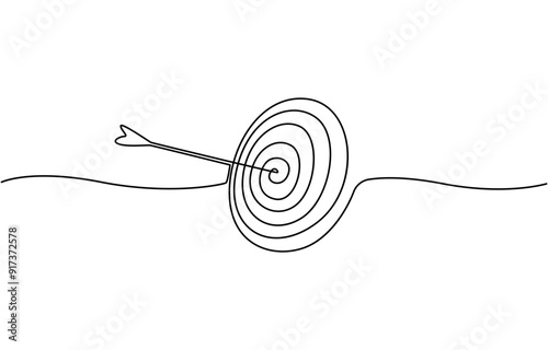 Abstract arrow on target circle as continuous line drawing on white background. Vector, Target, Bull's Eye Continuous Line Icon, Continuous Line Drawing of Targeting Icon. Hand Drawn Symbol Vector.