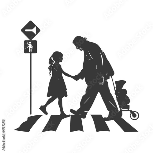 Family crossing a pedestrian crosswalk with a stroller