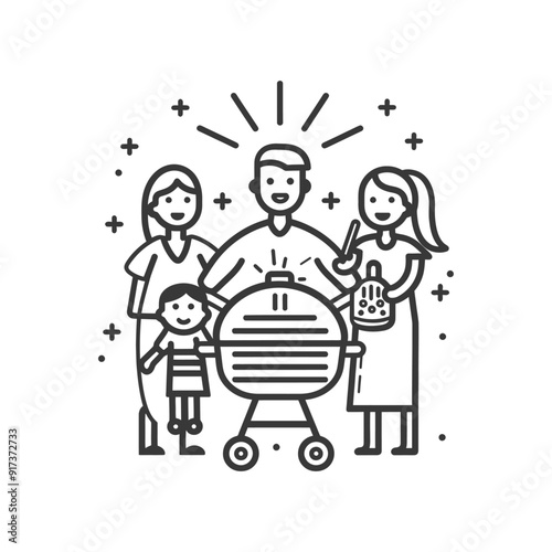 Family Gathering Around a Grill with Smiles and Plus Signs
