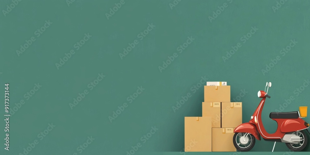 Obraz premium Food Delivery Boxes and Motorcycle on a Green Background