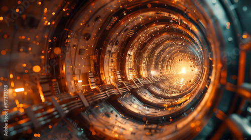 Standing heart of massive particle accelerator Describe intricate web of electromagnet guiding charged particle nearlight speed highlighting crucial role of magnetic field steering focusing beam photo