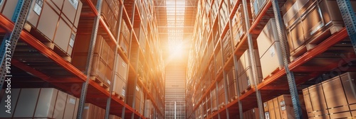 Industrial and Logistics Companies Warehouse Commercial Storage Facility Stacked Boxes and Crates on Three Storey Shelves with Motion Blur Effect Sunlight Illumination photo