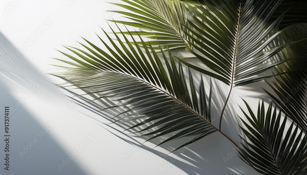 Fototapeta premium Shadow of palm tree leaves cast on a white surface, creating a tropical touch against a clear background.