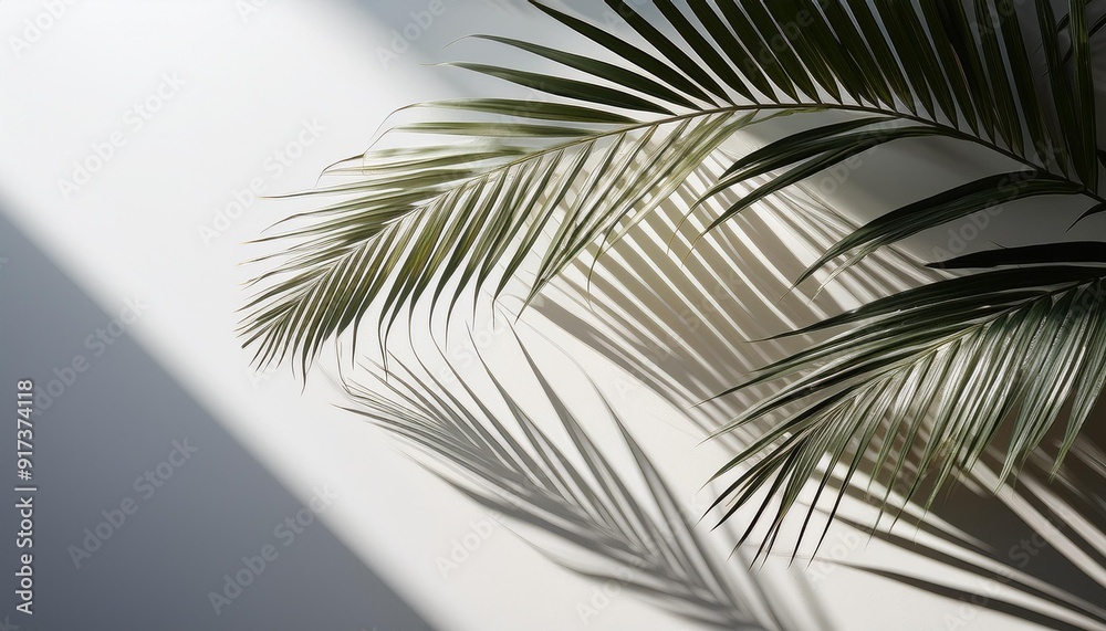 Fototapeta premium Shadow of palm tree leaves cast on a white surface, creating a tropical touch against a clear background.