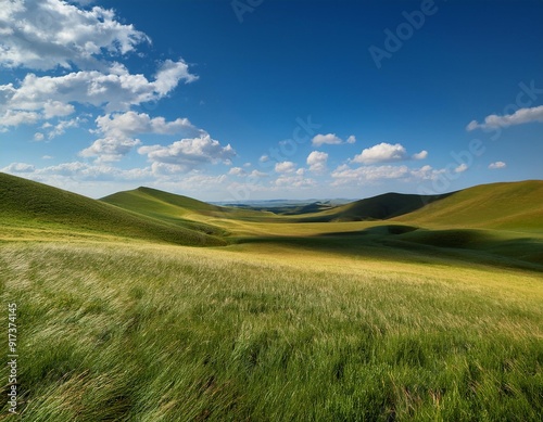 A wide shot of a grassy plain with rolling hills in the distance on a sunny day with a clear blue sky and white clouds